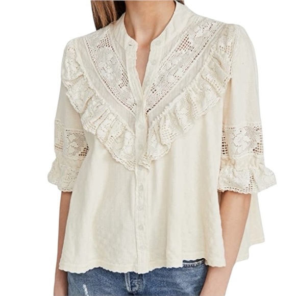FP Walk in the Park ASO Taylor Swift Cream Ruffled Blouse Mandarin Collar SZ M - Picture 1 of 15